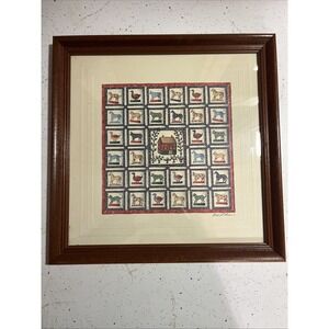 Bev Lohr Signed Folk Quilt Art Print Farm Animals - Wood Frame 13.5"x13.5"